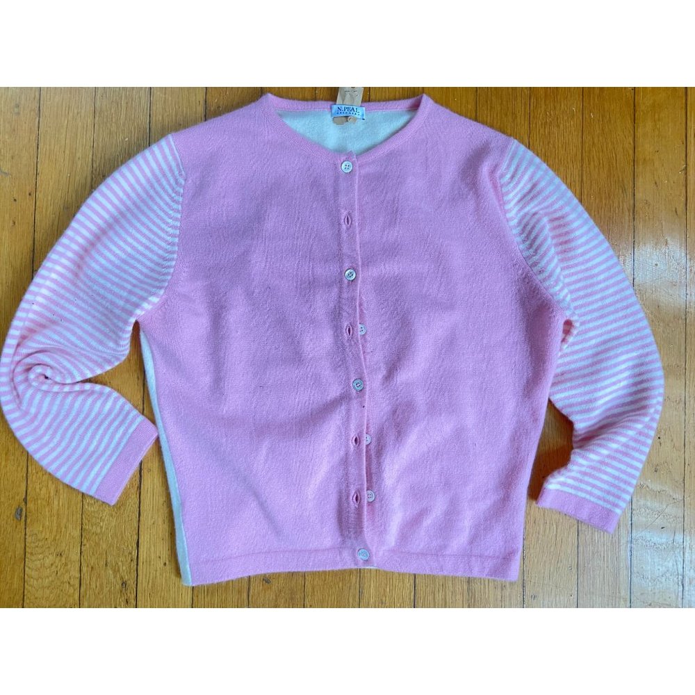 Girls Size Medium N. Peal 100% Cashmere Cardigan Pink Stripe Sweater